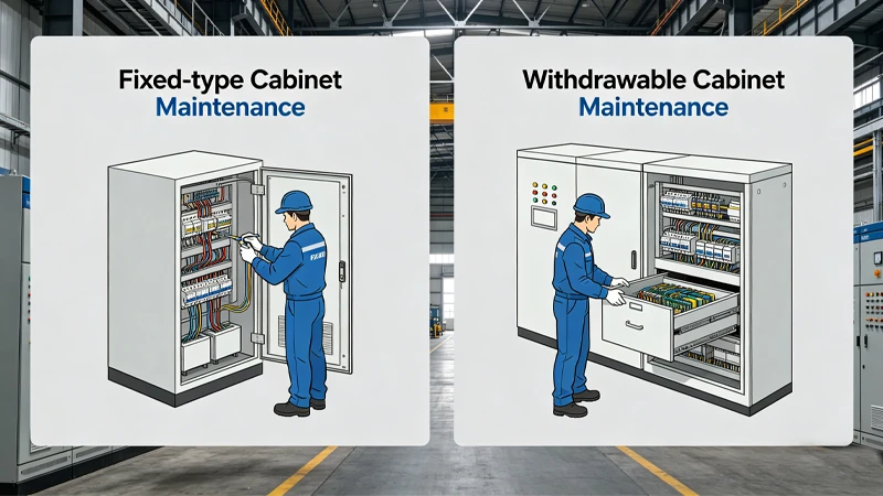 Side-by-side comparison of fixed-type and withdrawable cabinet maintenance scenarios in industrial facilities
